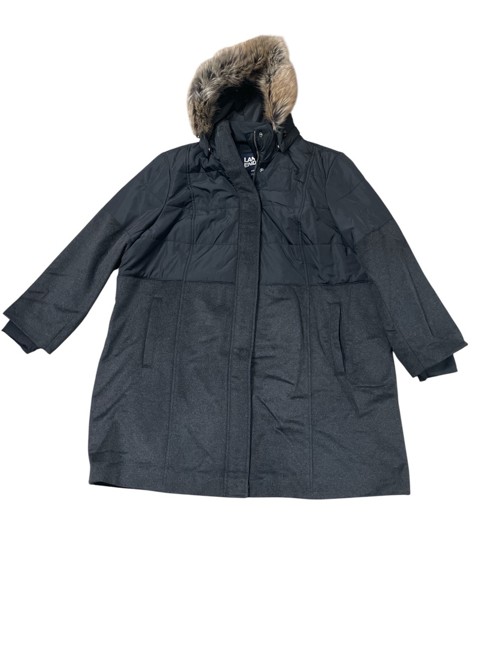 Lands' End Charcoal & Black Hooded Women's Wool Hybrid Coat with Faux-Fur Trim